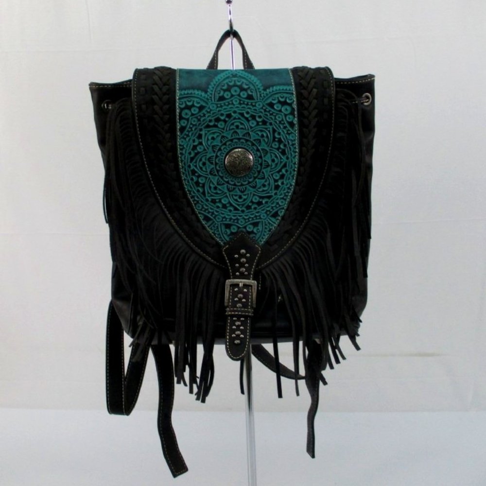 Trinity Ranch Leather Black & Teal Backpack sold on ebay